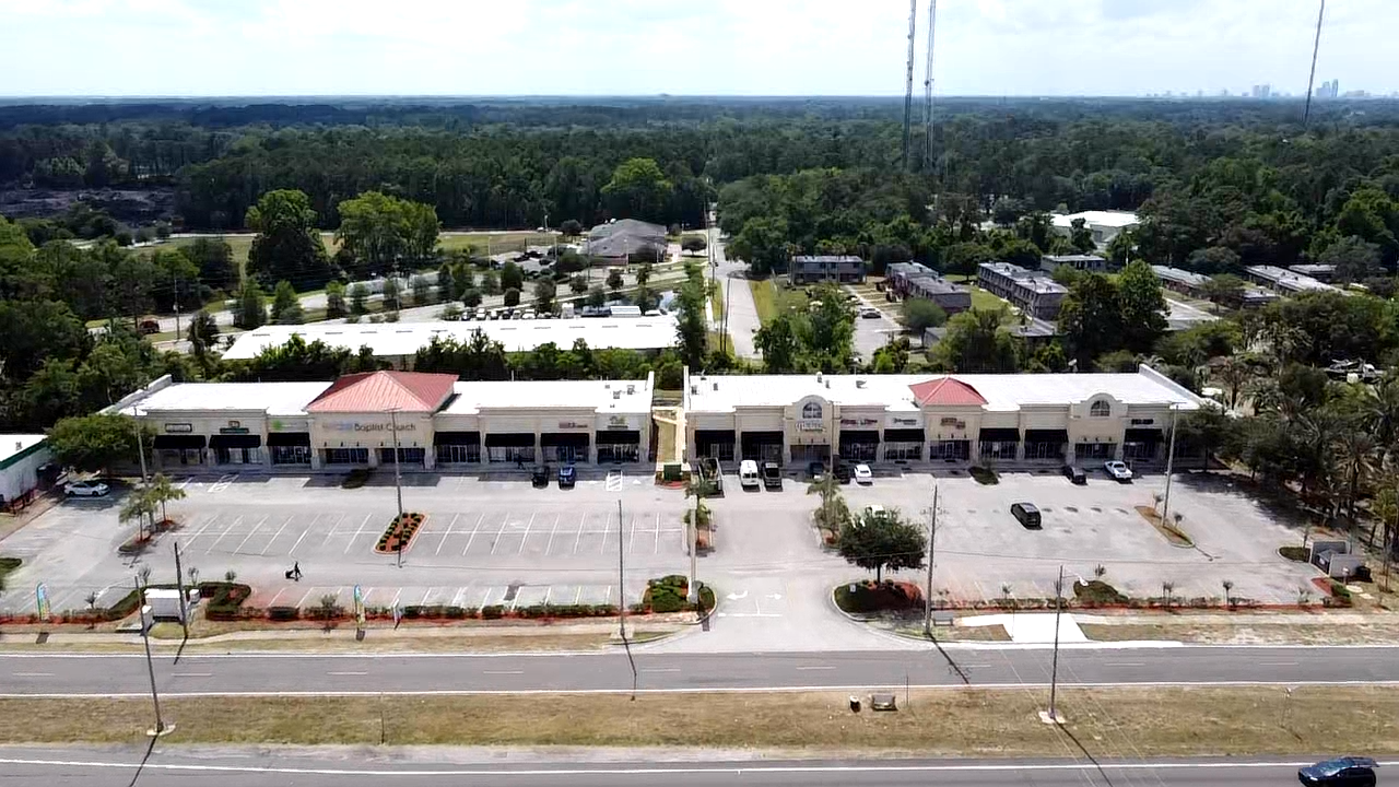 An aerial view of a retail center.