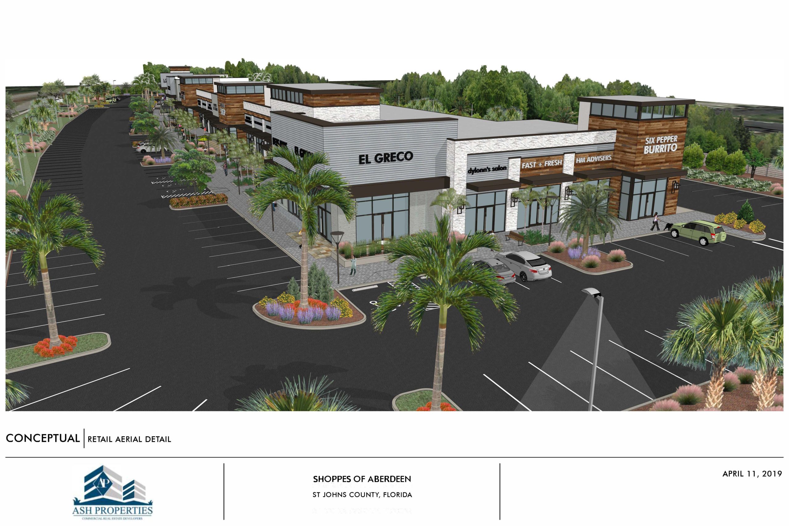 A conceptual rendering of a retail shopping center.