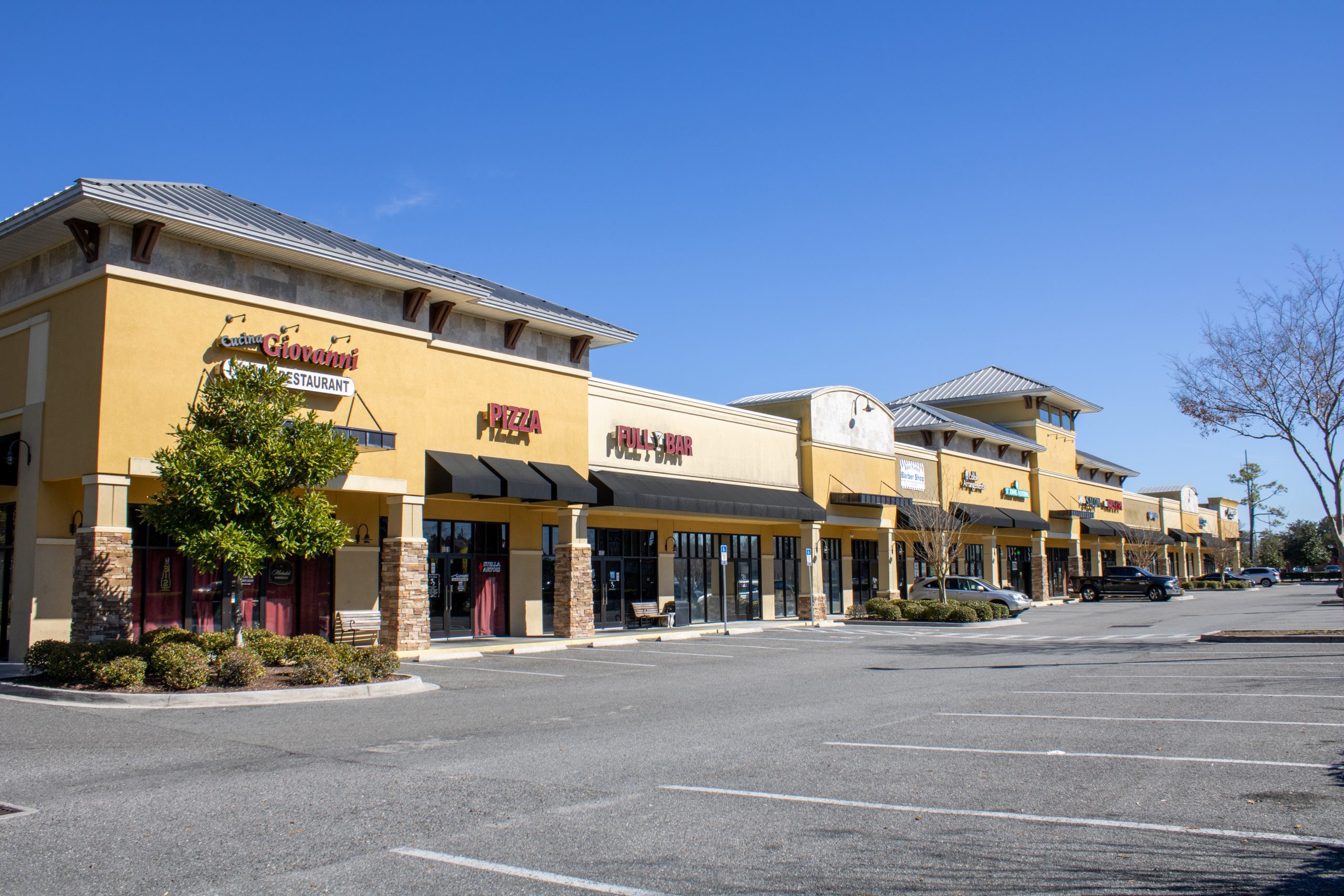A one-story retail center.