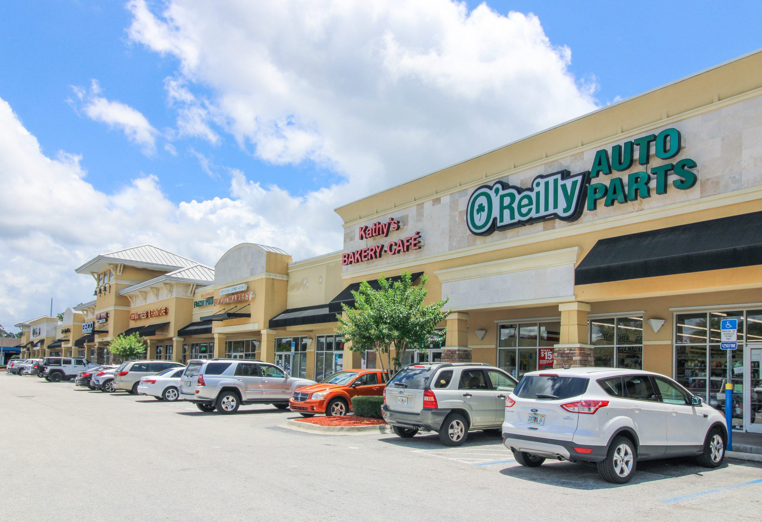A one-story retail center.